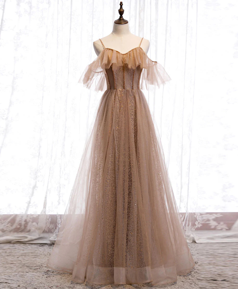 Tulle Sequin Long Prom Dress Champagne Evening Dress