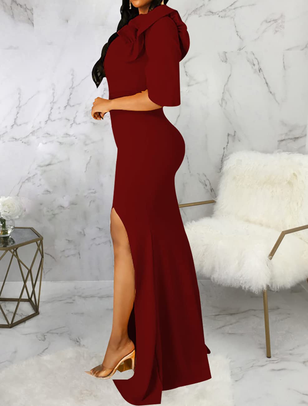Burgundy Sexy Formal Dress for Women Ruched Off Shoulder Club Cocktail Bodycon Prom Long Dresses
