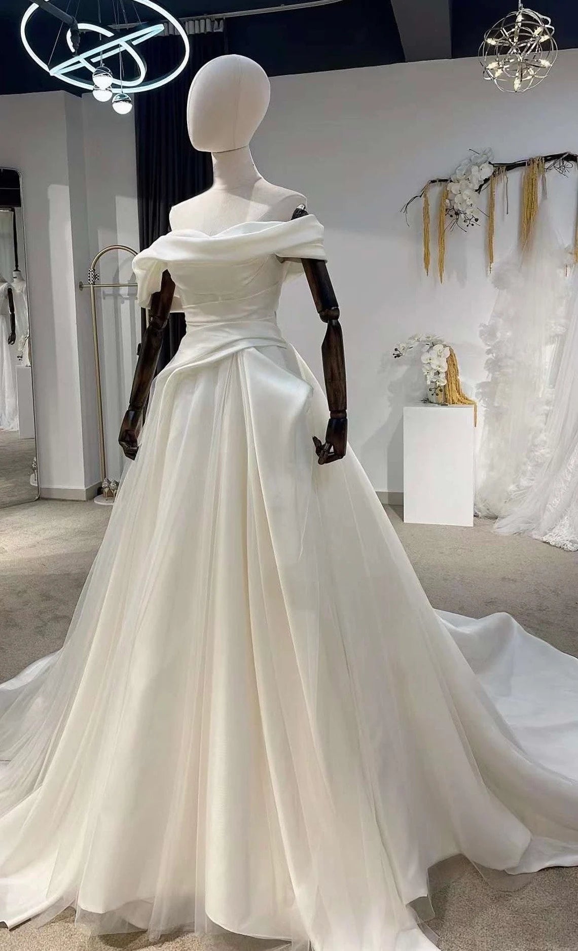 Off-the-shoulder satin corset wedding dress unique minimalist A-line bridal dress custom simple & classic Ivory ball gown