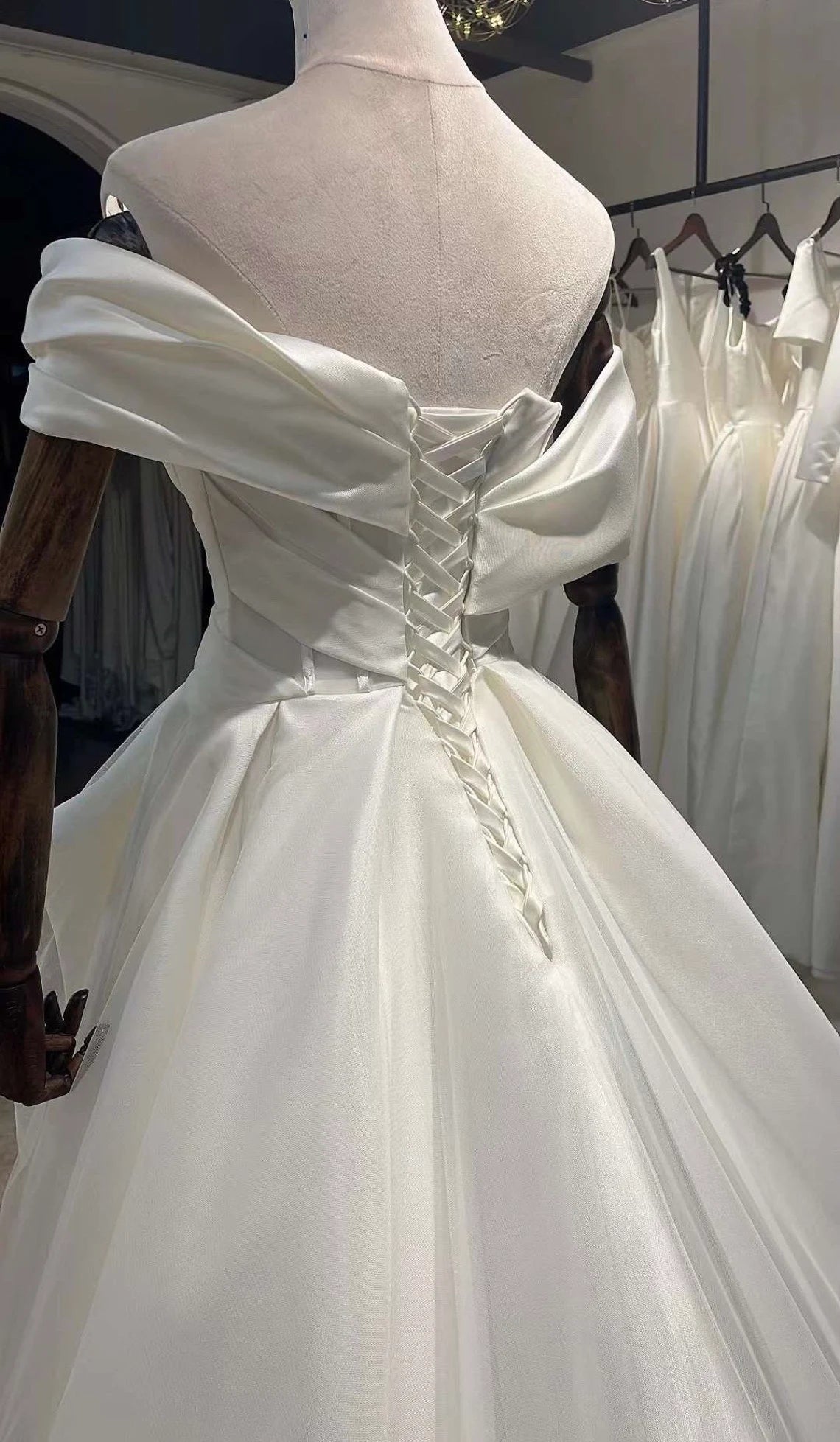 Off-the-shoulder satin corset wedding dress unique minimalist A-line bridal dress custom simple & classic Ivory ball gown