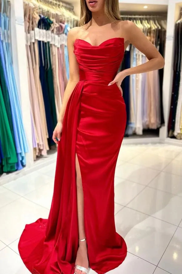 Long Mermaid Sweetheart Strapless Satin Prom Dress with Front Slit