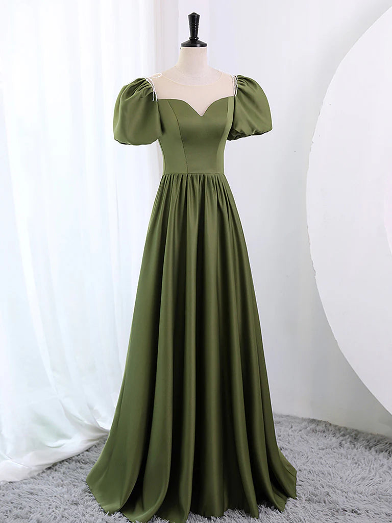 A-Line Scoop Neckline Puff Sleeves Satin Long Green Prom Dress