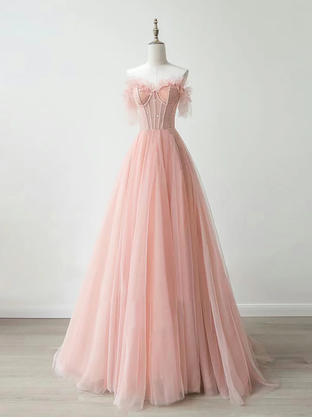 A-Line Sweetheart Neck Tulle Lace Pink Long Prom Dress