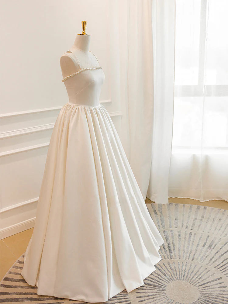 Ivory Satin Long Prom Dress, ivory Long Formal Dresses