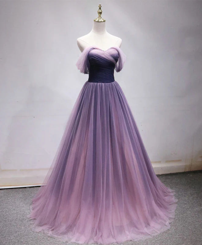 Sweetheart Tulle Purple Long Prom Dress Bridesmaid Dress