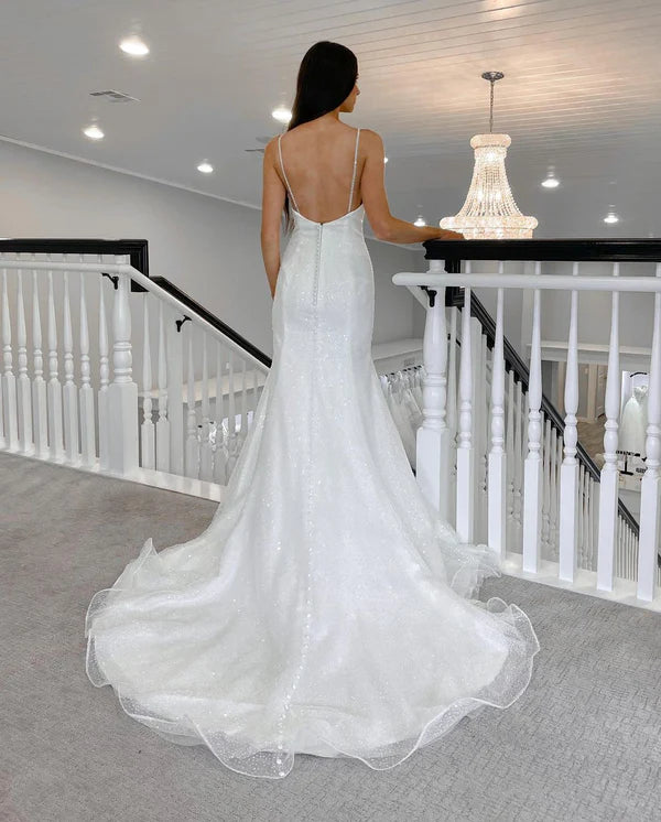 Mermaid V Neck Sequins White Wedding Dresses