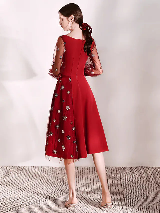 DingjiA-Line Glittering Princess Homecoming Cocktail Party Dress Scoop Neck Long Sleeve Tea Length Stretch Fabric with Sequin Embroidery Splicing