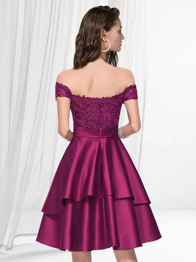 DingjiA-Line Reformation Amante Minimalist Homecoming Party Wear Dress Off Shoulder Sleeveless Knee Length Satin with Pleats Tier