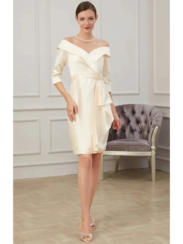 Mother of the Bride Dress Plus Size Off Shoulder Knee Length Polyester Half Sleeve with Ruffles Ruching