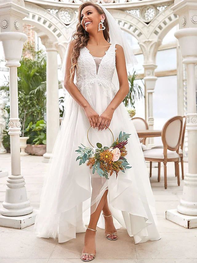 DingjiA-Line Wedding Dresses V Neck Chiffon Lace Tulle Sleeveless Romantic Casual with Lace Ruched Draping