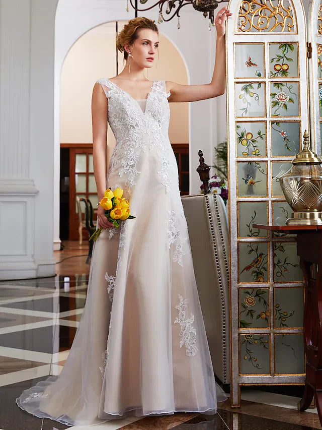 DingjiA-Line Wedding Dresses V Neck Court Train Lace Tulle Regular Straps Romantic Illusion Detail with Beading Appliques