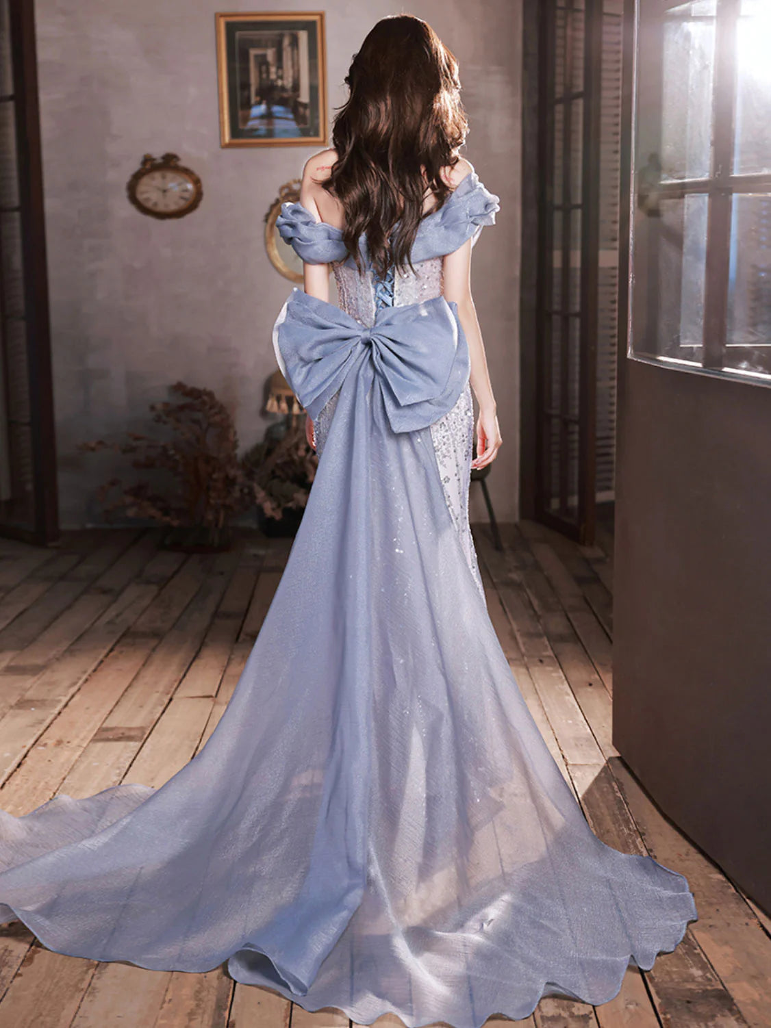 Off Shoulder Tulle Sequin Mermaid Long Party Dress