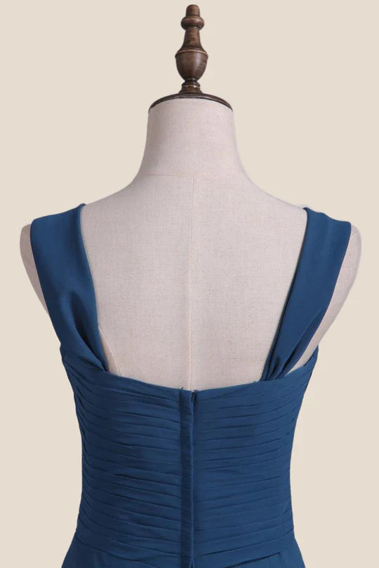 Straps Navy Pleated Chiffon A-line Bridesmaid Dress