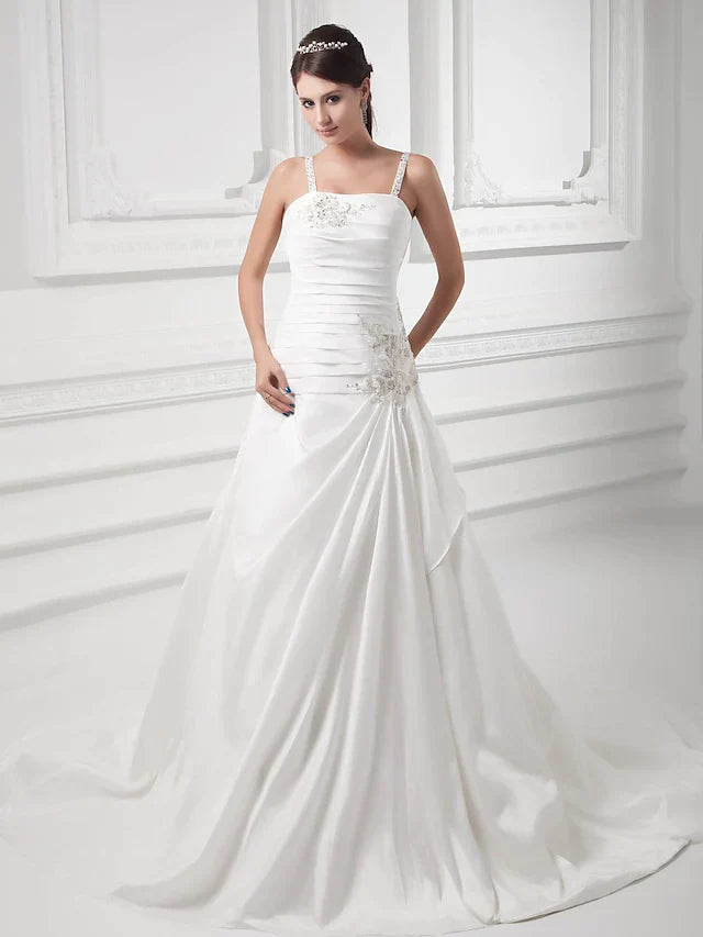 DingjiA-Line Wedding Dresses Square Neck Court Train Satin Taffeta Spaghetti Strap with Ruched Beading Draping