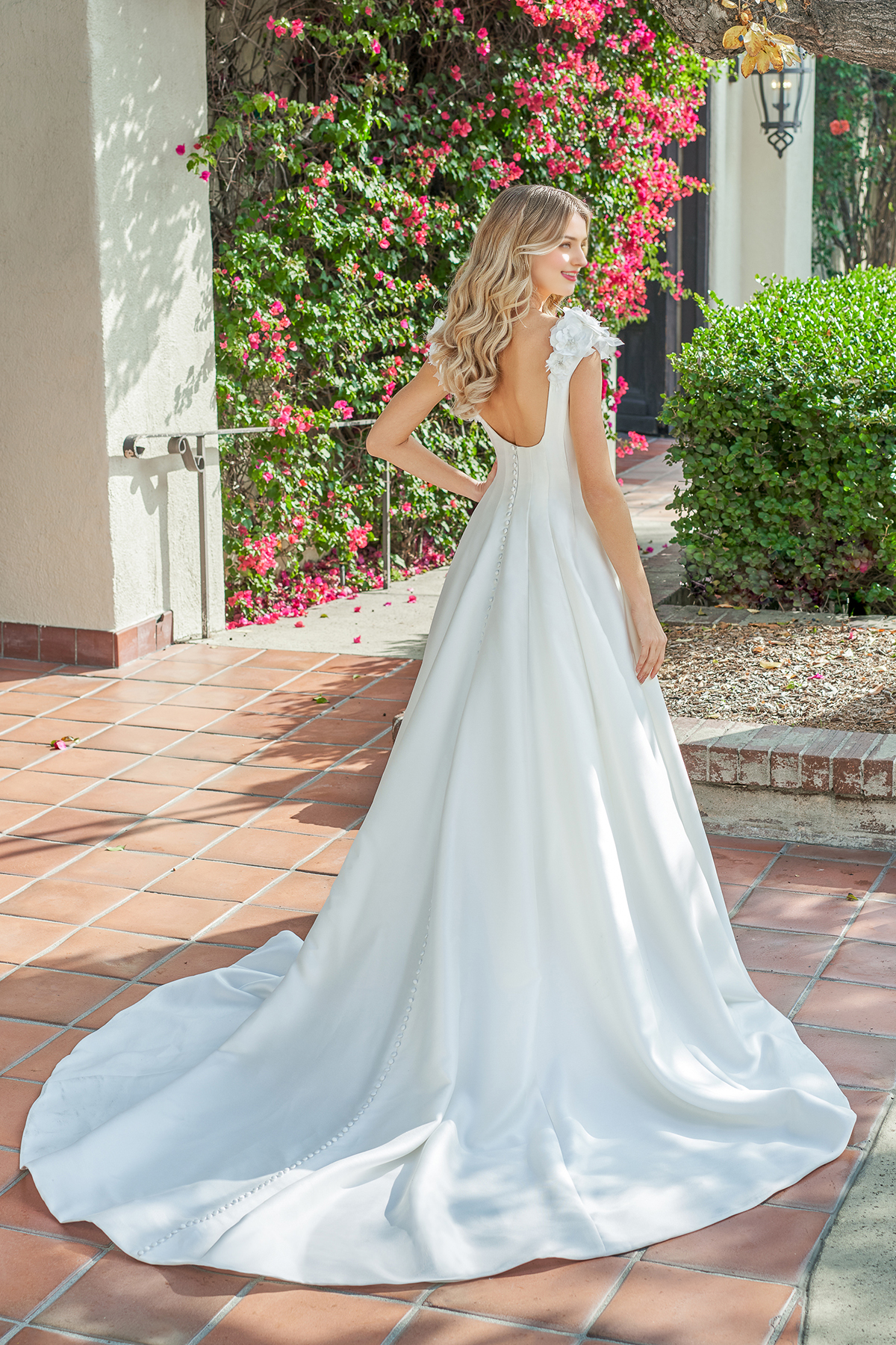 A-line square neckline sleeveless floral shoulder strap backless and floor length wedding dress