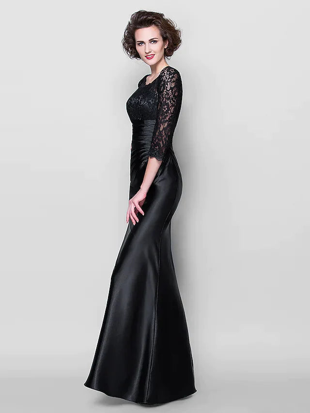 Mother of the Bride Dress See Through Jewel Neck Floor Length Stretch Satin Lace Over Satin Length Sleeve with Lace Ruched Side Draping