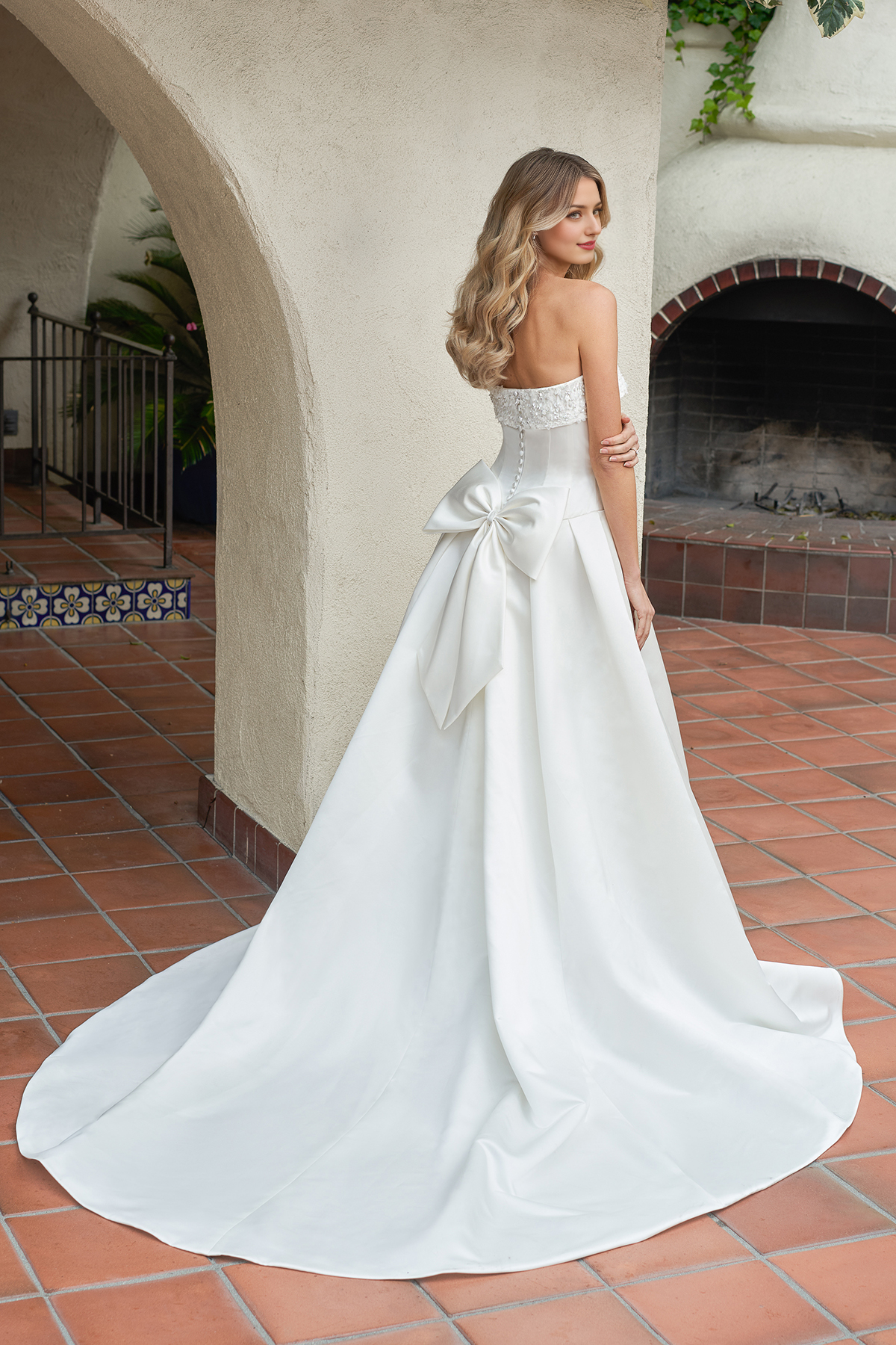A-line off shoulder collar sleeveless bow decoration backless and floor length wedding dress