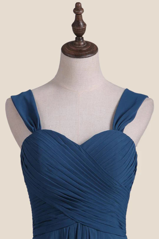 Straps Navy Pleated Chiffon A-line Bridesmaid Dress