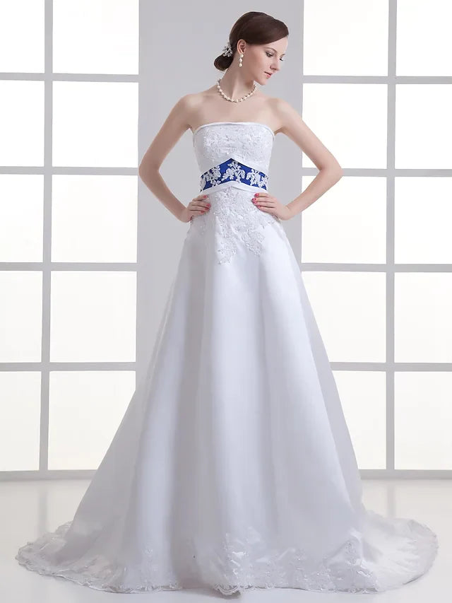 A-Line Wedding Dresses Strapless Court Train Lace Satin Strapless with Sashes Ribbons Beading Appliques