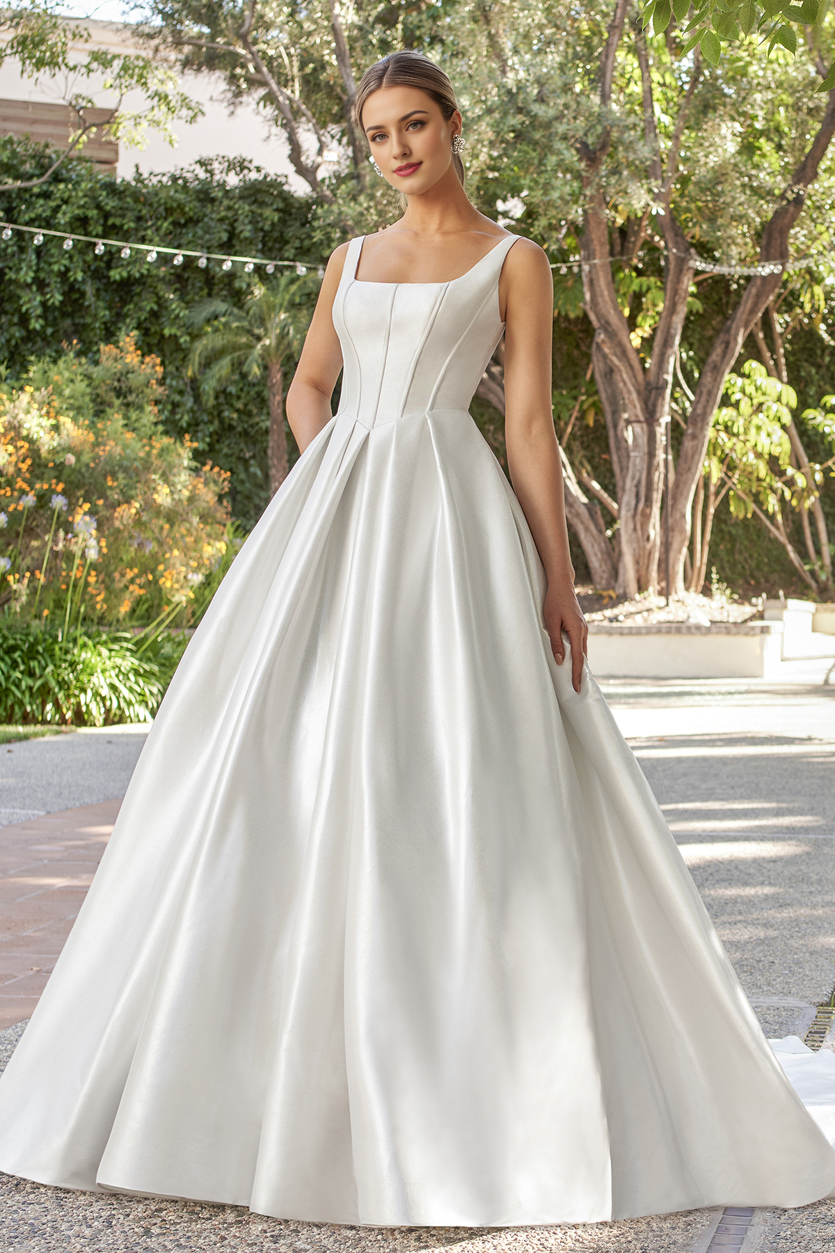 A-line square neckline tight fitting corset sleeveless backless and floor length wedding dress