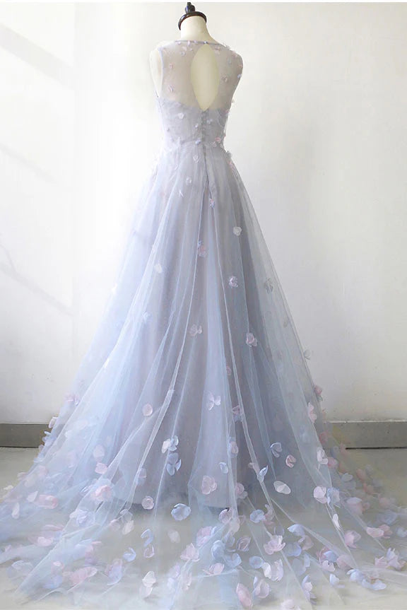 Simple round neck tulle long prom dress gray tulle evening dress