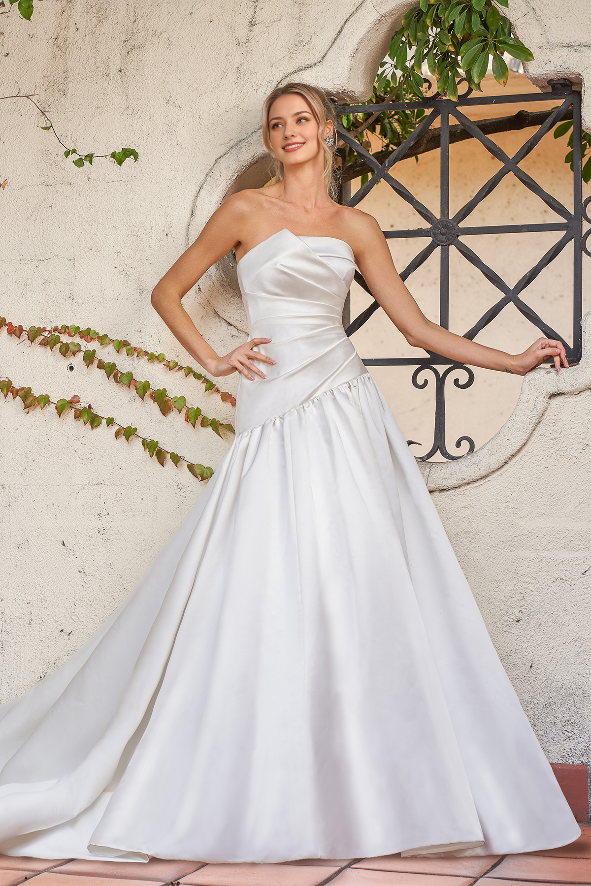 Off shoulder collar sleeveless strapless backless and floor length wedding dress