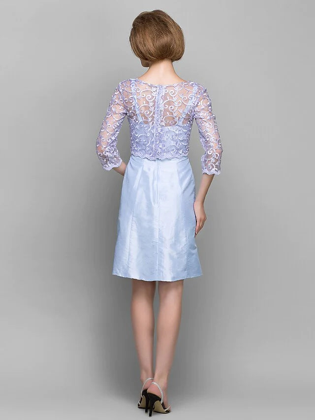 Mother of the Bride Dress Convertible Dress Bateau Neck Knee Length Lace Taffeta Length Sleeve with Lace