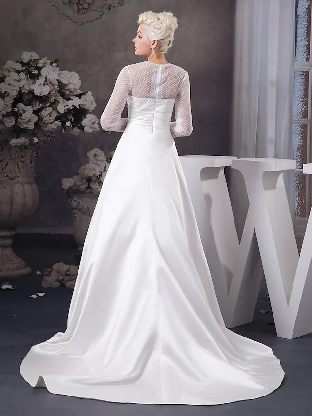 DingjiA-Line Wedding Dresses Jewel Neck Court Train Satin Tulle Length Sleeve Illusion Sleeve with Ruched