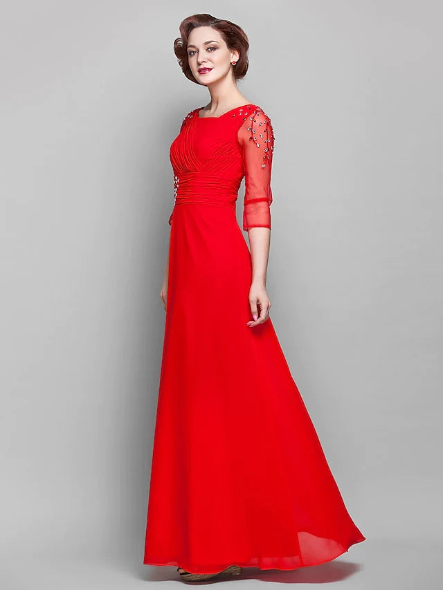 Mother of the Bride Dress Vintage Inspired Square Neck Floor Length Chiffon Tulle 3/4 Length Sleeve with Criss Cross