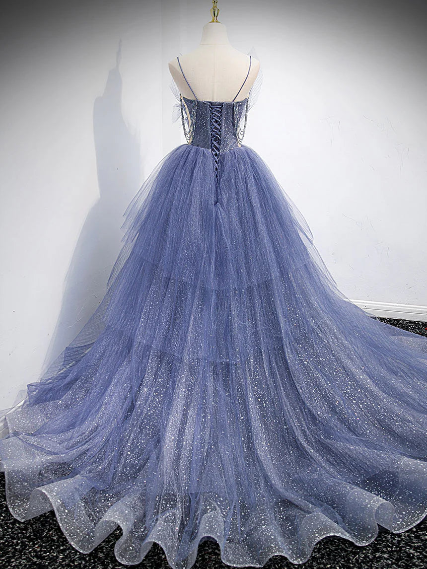 Blue v neck tulle sequin long prom dress