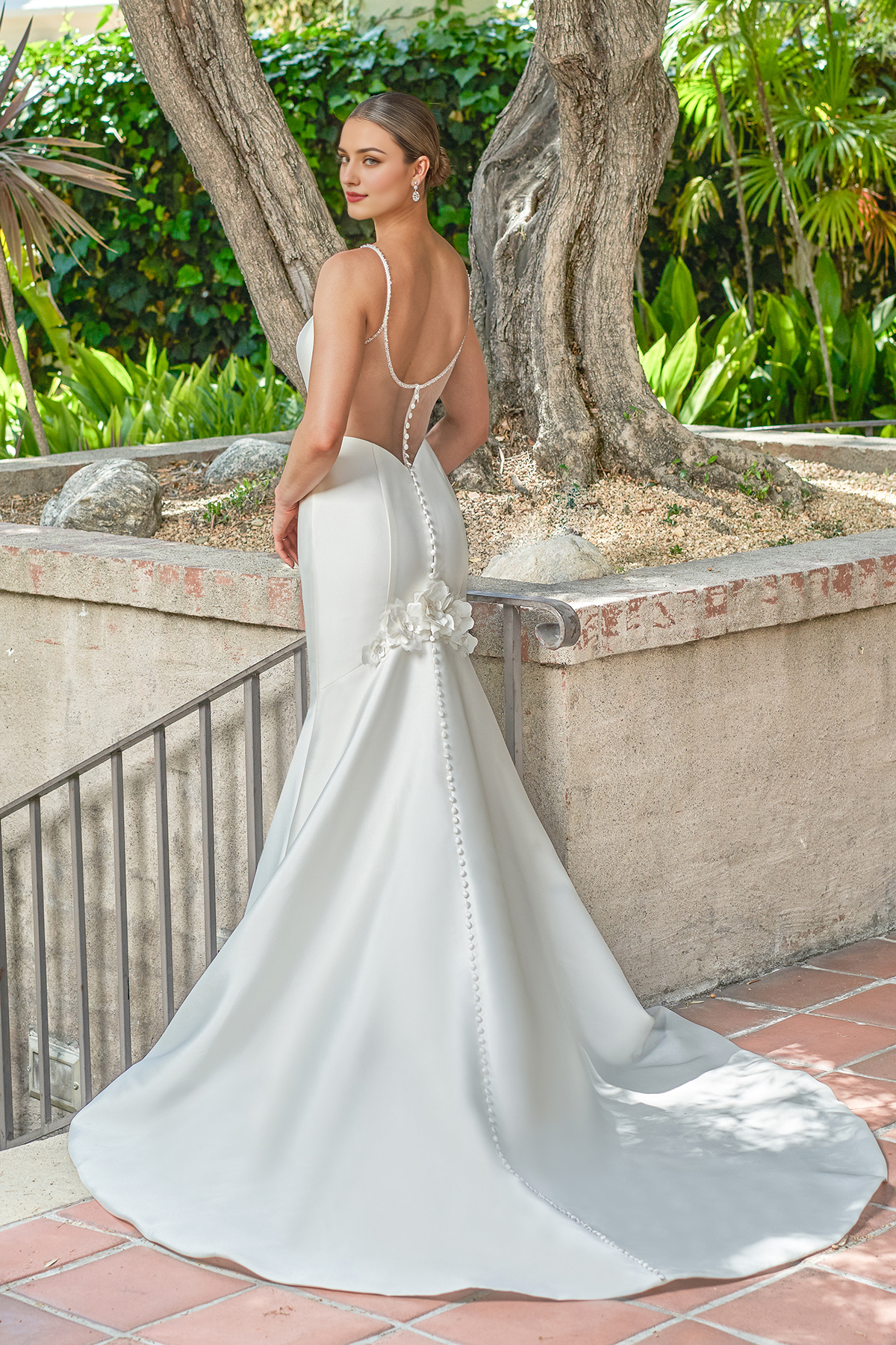 Mermaid round neck sleeveless transparent illusion back exposed side slit and floor length wedding dress