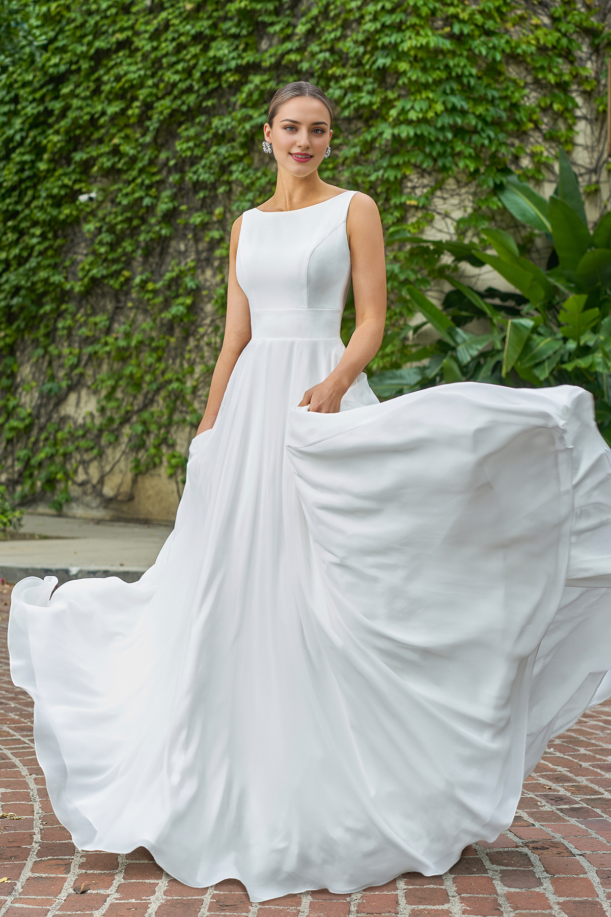 A-line minimalist boat shaped neckline off shoulder sleeveless backless side slit and floor length wedding dress