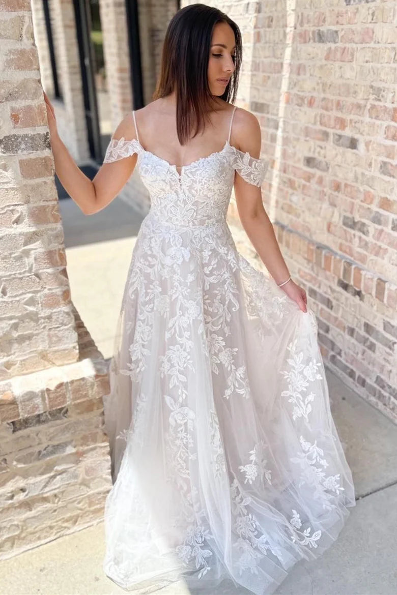Cold-Shoulder White Lace A-Line Long Wedding Dress