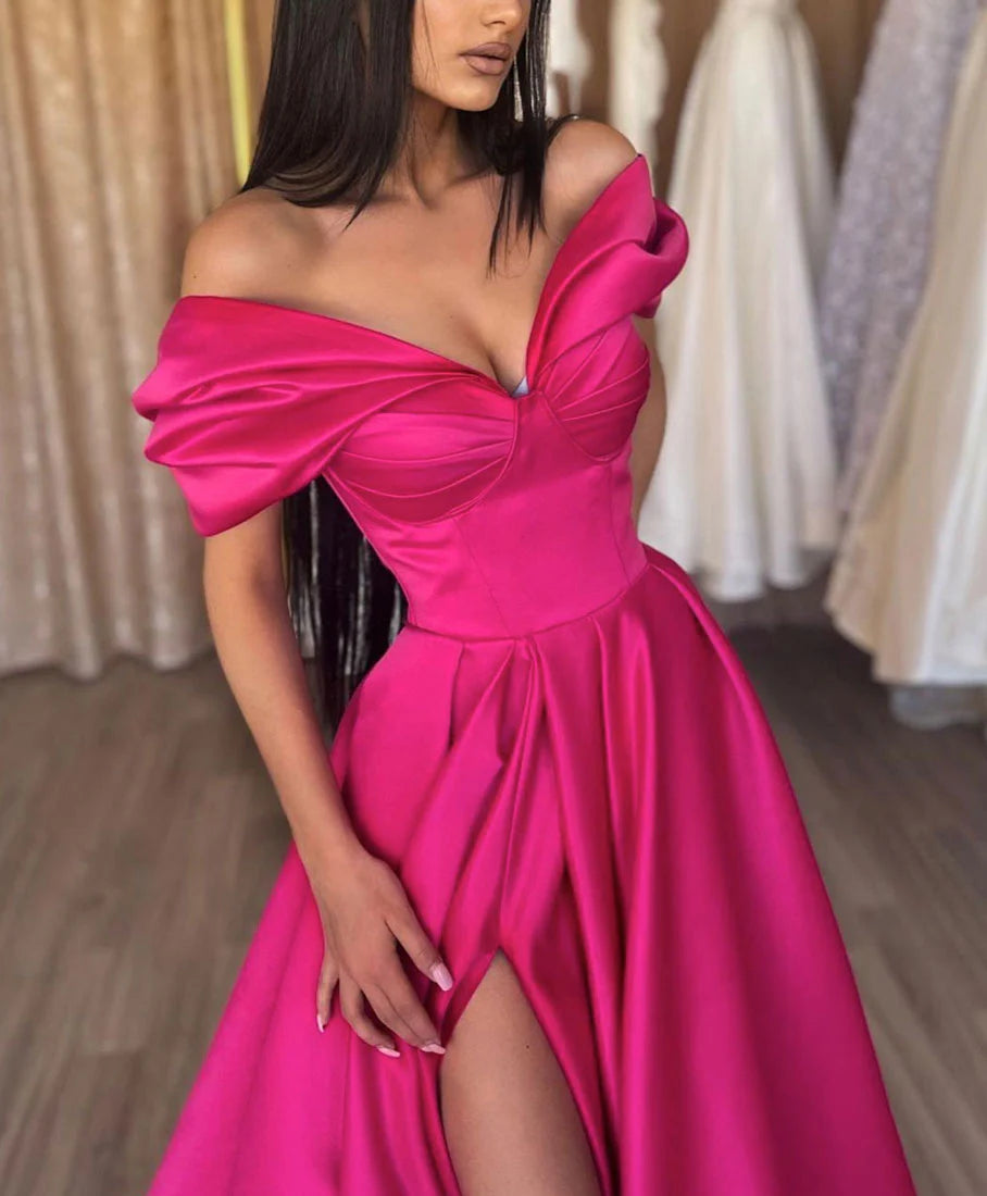 V Neck Off Shoulder Satin Long Prom Dress Red A Line Evening Dress