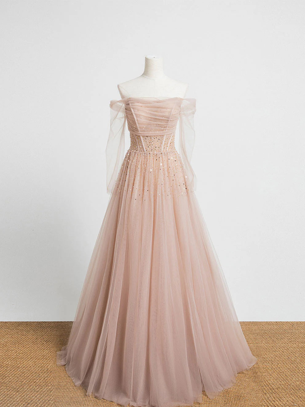 Tulle Beads Long Prom Dress Champagne Evening Dress