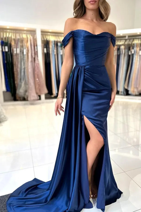 Long Mermaid Off the Shoulder Satin Formal Prom Dresses with slit