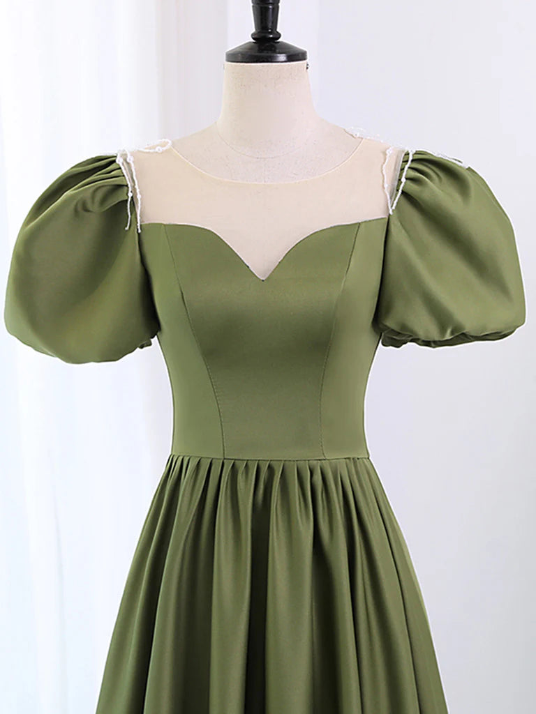 A-Line Scoop Neckline Puff Sleeves Satin Long Green Prom Dress