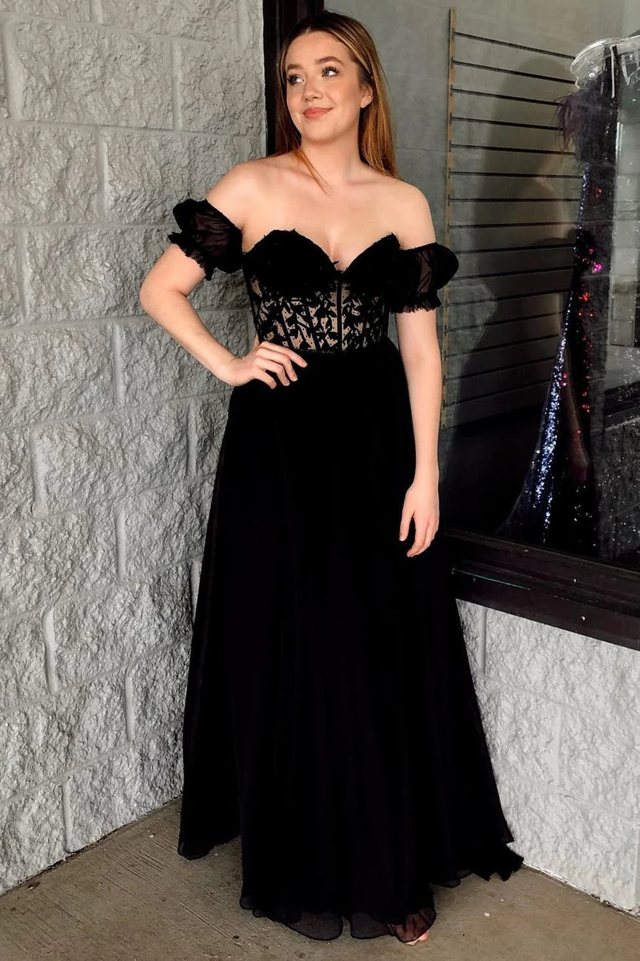 Chiffon Applique Sweetheart A-Line Prom Dress with Puff Sleeves