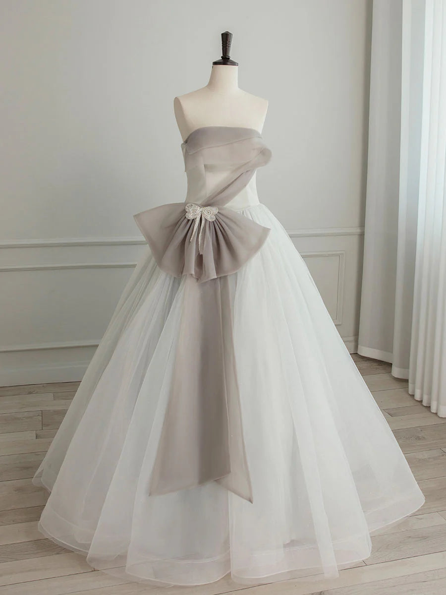 A-Line Tulle White Long Prom Dress White Formal Party Dress