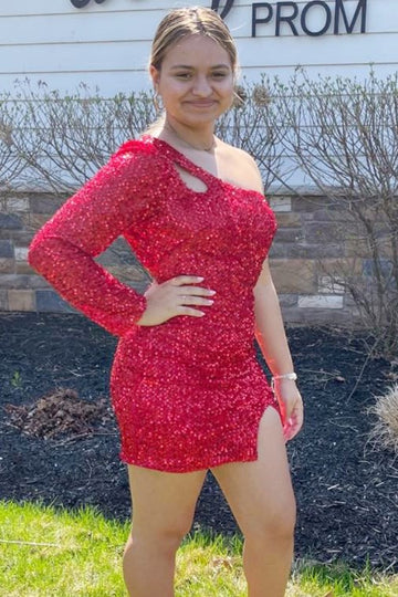 Sequin One-Sleeve Keyhole Short Party Dress