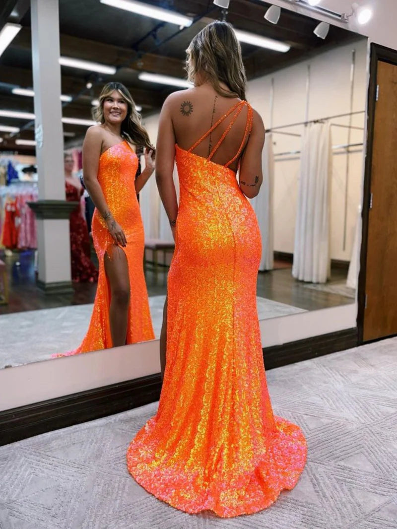 Mermaid One-Shoulder Sequins Prom Dress With