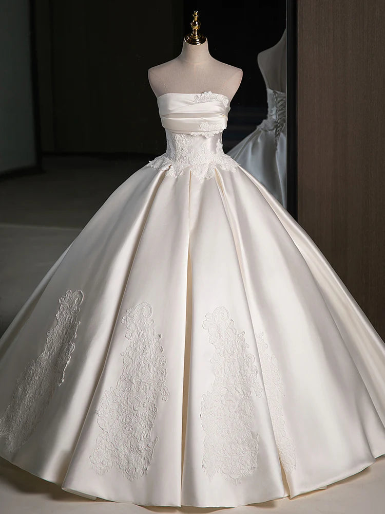 A-Line Satin Lace Ivory Long Wedding Dress
