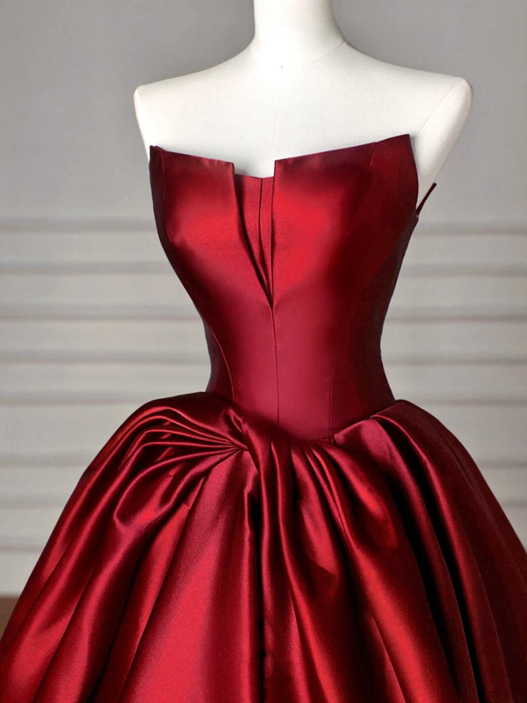 A-Line Satin Burgundy Long Prom Dress Burgundy Long Formal Dress
