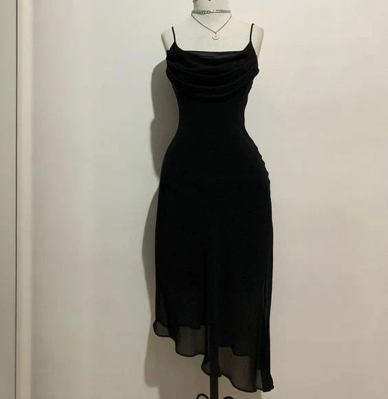 Black Chiffon Midi-length Prom Dress Black Party Dress