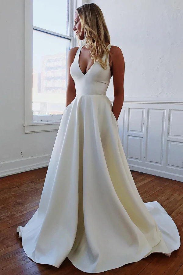 A-Line V-Neck White Long Wedding Dress with Bow-Knot