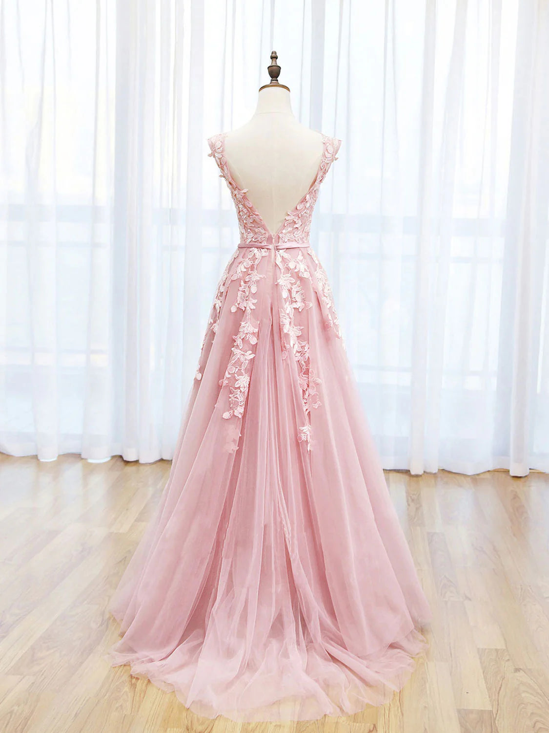 Neckline Tulle Pink Long Prom Dress Pink Backless Evening Dresses
