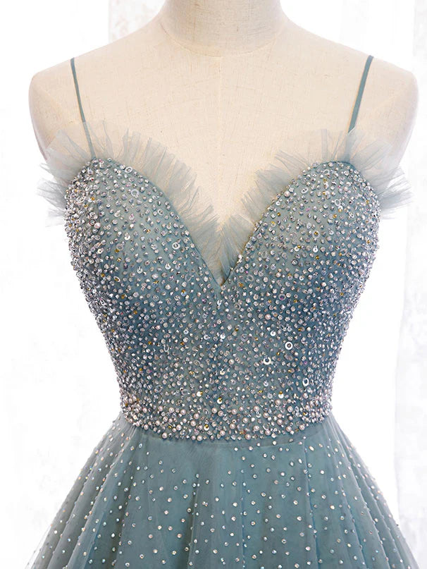 Sweetheart Neck Tulle Sequin Long Prom Dress Green Evening Dress