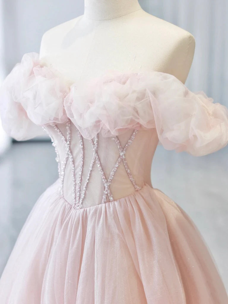 A-Line Sweetheart Neck Off Shoulder Tulle Pink Long Prom Dress