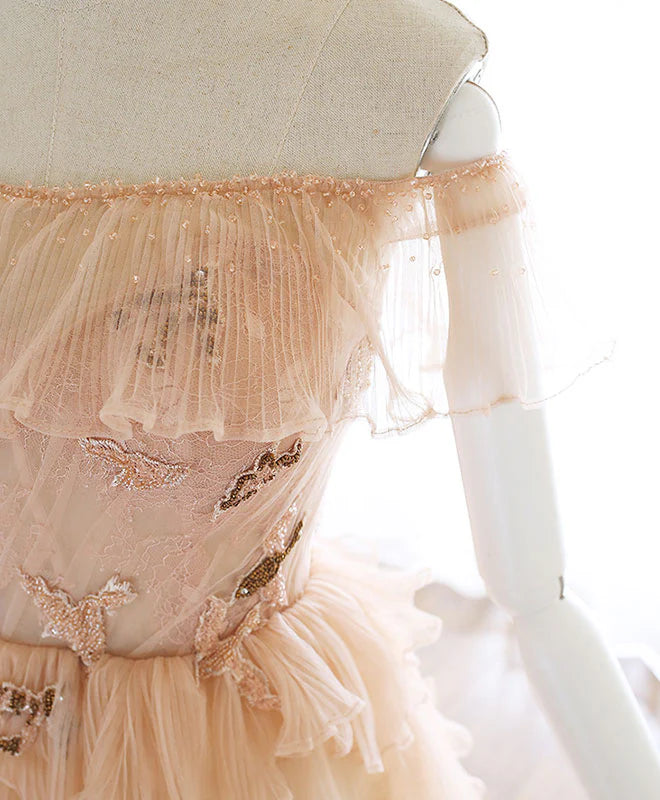 Tulle Lace Long Prom Dress Champagne Evening Dress