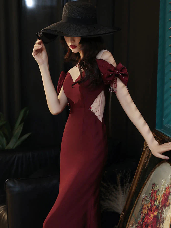 Round Neck Satin Mermaid Long Prom Dress Burgundy Formal Dress